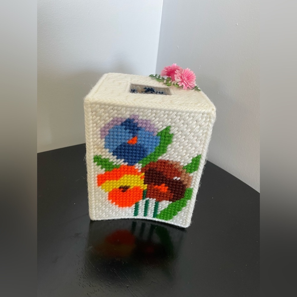Vintage Needlepoint Tissue Box with flowers 
Each side has a different detail